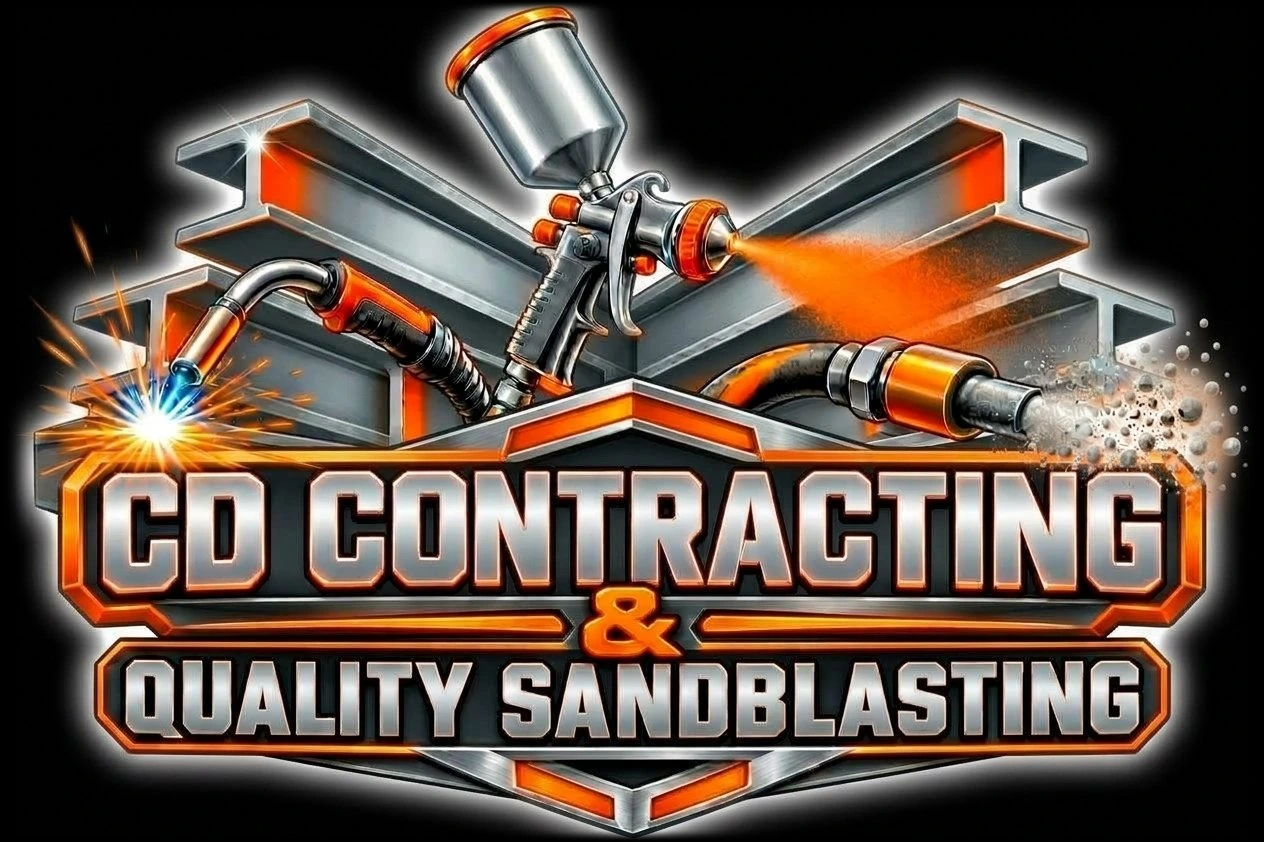 CD Contracting & Quality Sandblasting logo: a welding torch, a spray gun and a sandblasting nozzle over crossed steel beams